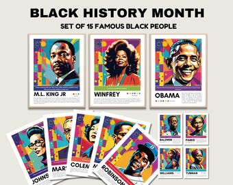Conjunto de 15 personajes negros famosos, tablón de anuncios del Mes de la Historia Negra, personajes negros famosos, líderes negros, póster del Movimiento por los Derechos Civiles
