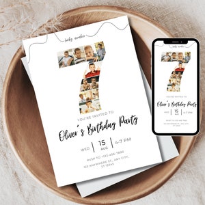 Minimalist 7th Birthday Invitation Photo Collage - Editable and Printable Template, Personalized Birthday Invitation, Instant Download