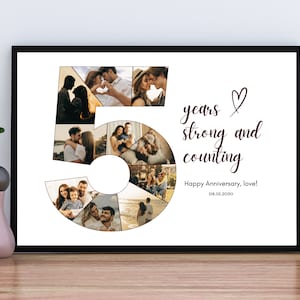 Plantilla editable de collage de fotos para el quinto aniversario, collage de fotos del número 5, regalo para él o ella, esposo/esposa, impresiones de aniversario