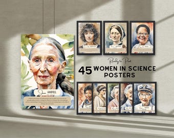 Set of 45 Inspirational Women in Science Printable Watercolor Theme Posters, STEM Role Models, Classroom Decor Famous Scientists, Digital