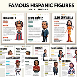 Set of 12 Famous Hispanic Figures - Printable Posters for Classroom decor, bulletin board, Hispanic Heritage Month, National Heritage Month