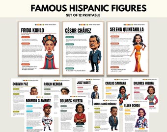 Set of 12 Famous Hispanic Figures - Printable Posters for Classroom decor, bulletin board, Hispanic Heritage Month, National Heritage Month