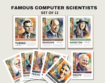 Conjunto de 12 científicos informáticos famosos: carteles imprimibles para decoración de aulas, tablones de anuncios y aulas de informática