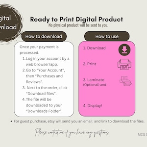 Może przedstawiać: Grafika do pobrania cyfrowego z instrukcjami. Tekst brzmi &bdquo;Ready to Print Digital Product&rdquo;. Instrukcje dotyczące pobierania i używania produktu, w tym kroki drukowania, laminowania i wyświetlania. Projekt zawiera brązowy i r&oacute;żowy schemat kolor&oacute;w.