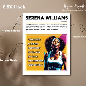 May include: A printable 8.5x11 inch poster featuring a colorful portrait of Serena Williams, a famous tennis player. The poster includes a quote from Serena Williams: "I really think a champion is defined not by their wins, but by how they can recover when they fall."