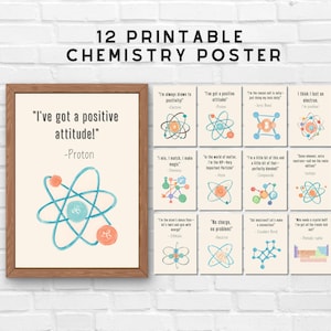 Juego de 12 carteles imprimibles de química y física con temática de lápices de colores, con frases y descripciones educativas atractivas, descarga digital instantánea.
