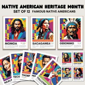 May include: Set of 12 colorful posters featuring famous Native Americans. Each poster has a vibrant background with geometric shapes and a portrait of a person. The posters include names like Momoa, Sacagawea, Geronimo, Haala, Laduke, Sainte-Marie, Tecu, Thorp, Hep, Tallchief, Herrington, and Mankiller.