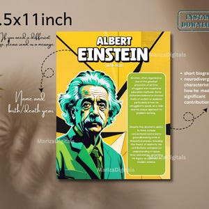 May include: A poster featuring a stylized portrait of Albert Einstein, with green hair and a green suit, set against a yellow background. The poster includes text about Einstein's life and contributions, with the dimensions 8.5x11 inches.