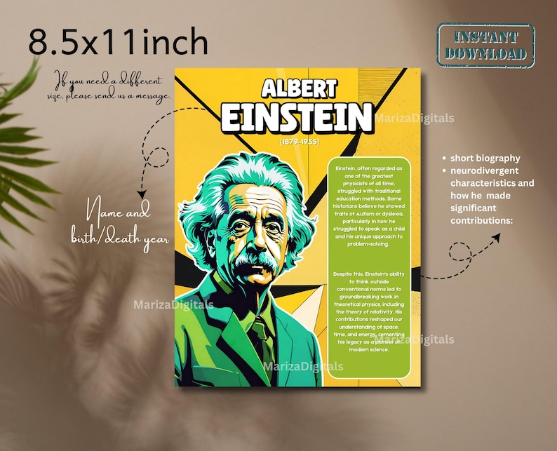 May include: A poster featuring a stylized portrait of Albert Einstein, with green hair and a green suit, set against a yellow background. The poster includes text about Einstein's life and contributions, with the dimensions 8.5x11 inches.