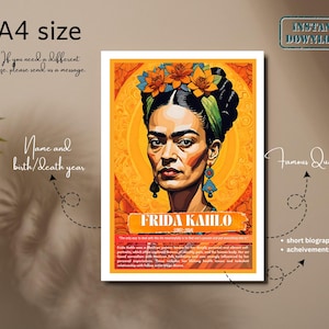 Może przedstawiać: Wydruk w formacie A4 z wystylizowanym portretem Fridy Kahlo. Grafika przedstawia Kahlo z kwiatowym nakryciem głowy i kolczykami na ciepłym pomarańczowym tle. Tekst zawiera jej imię i słynny cytat.
