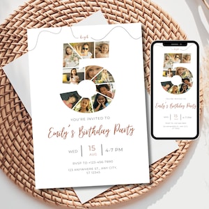 Faire-part 5e anniversaire minimaliste pour collage photo filles - modèle de toile modifiable et imprimable, téléchargement numérique instantané