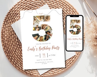 Minimalist 5th Birthday Invitation for Girls  Photo Collage - Editable and Printable Canva Template, Instant Digital Download