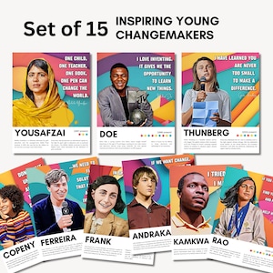 May include: Set of 15 colorful posters featuring portraits of young changemakers. Each poster includes a quote from the individual and their name. The posters are designed with a modern, graphic style.