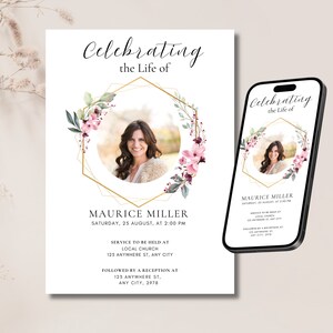 May include: A funeral announcement card with a gold geometric frame and floral accents. The card features a photo of a woman and the text "Celebrating the Life of Maurice Miller". The card includes the date, time, and location of the service and reception.