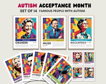 Set of Printable 14 Famous People with Autism, National Autism Acceptance Month, World Autism Day, National Disability Employment Awareness