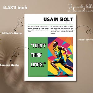 May include: A motivational poster featuring Usain Bolt, a famous sprinter, running with a colorful background. The poster includes the quote "I don't think limits." and the title "Usain Bolt".
