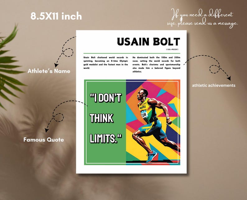 May include: A motivational poster featuring Usain Bolt, a famous sprinter, running with a colorful background. The poster includes the quote "I don't think limits." and the title "Usain Bolt".