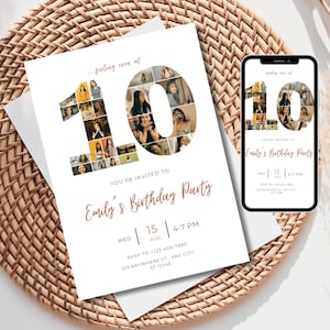10. Geburtstagseinladung mit Zahl Foto Collage - bearbeitbare und druckbare Canva Vorlage, Instant Download