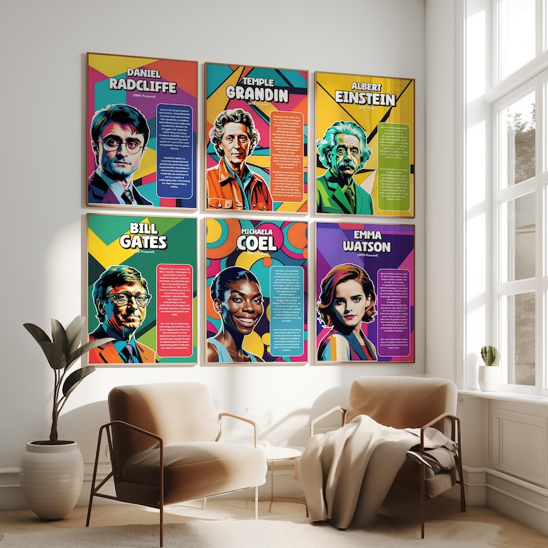 May include: Six framed art prints featuring portraits of famous people, including Daniel Radcliffe, Temple Grandin, and Albert Einstein. Each print has a colorful background and includes the person's name and biographical information.