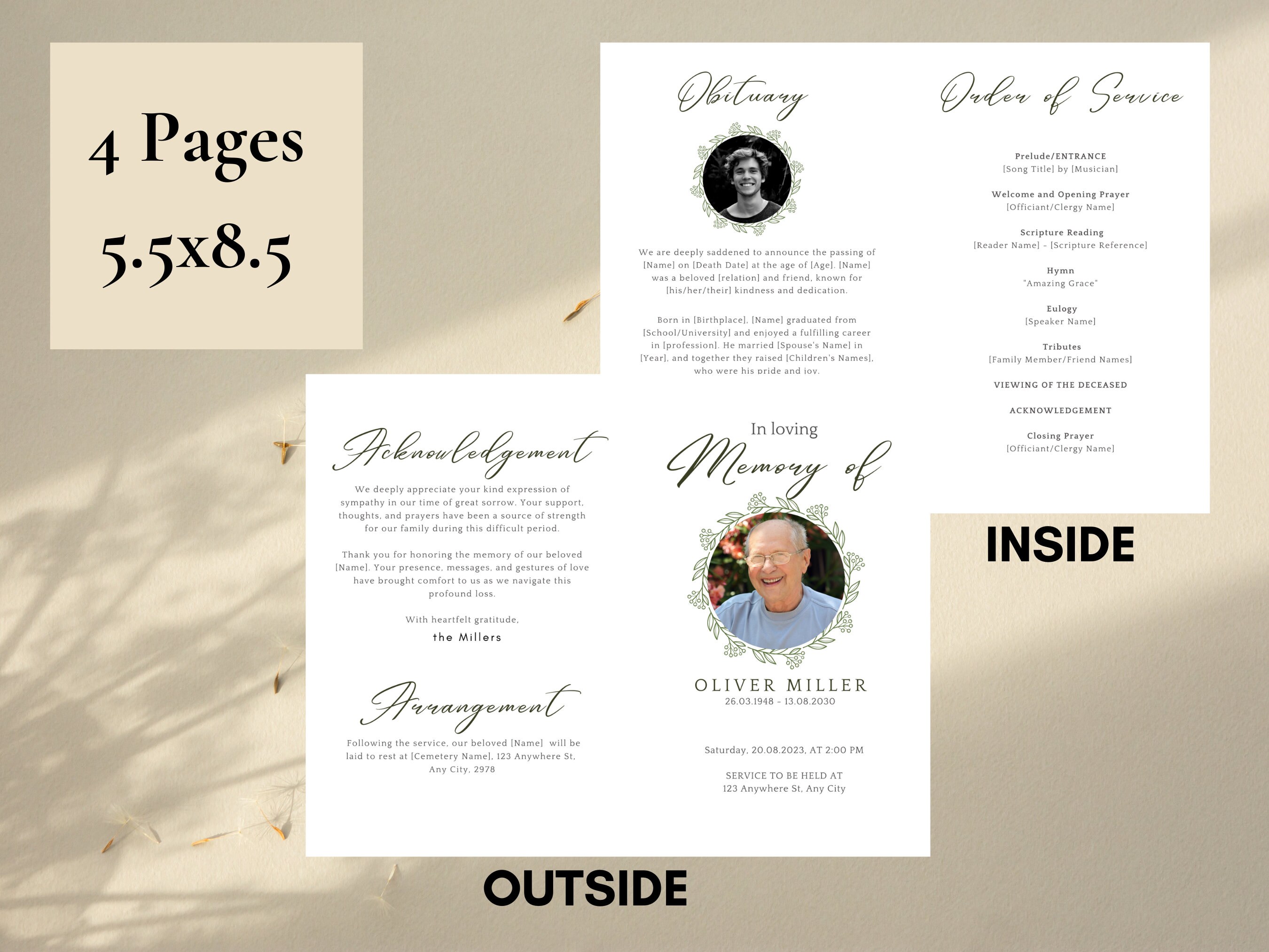 Editable Simple Green Floral Funeral Program Template, Memorial Service