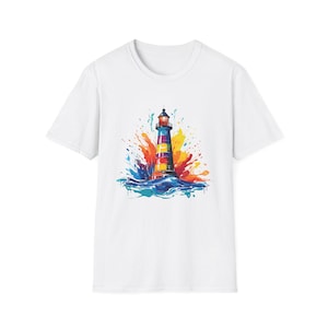 Watercolor Lighthouse Unisex Softstyle T-Shirt, Coastal Vibes Tee, Gift for Beach Lovers, Summer Outfit, Nautical Theme Shirt