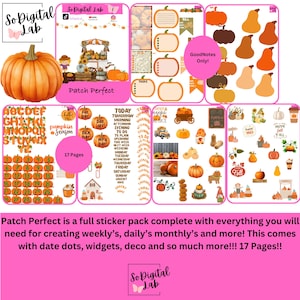 May include: A digital sticker pack with a fall theme, featuring pumpkins, decorative elements, and text. Includes date dots, widgets, and deco. The pack is labeled "Patch Perfect" and contains 17 pages. The text "GoodNotes Only!" is also visible.