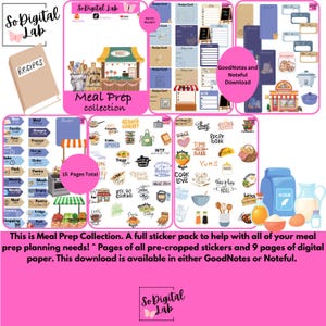 Puede incluir: Un paquete de pegatinas digitales para la planificación de comidas que incluye quince páginas de ilustraciones precortadas, como tarjetas de recetas, listas de la compra, electrodomésticos, alimentos y etiquetas de texto para organizar.