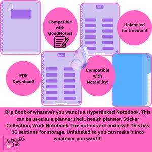 May include: A digital planner notebook with a pink, purple, and blue color scheme. The notebook is compatible with GoodNotes and Notability apps. The notebook has 30 sections for storage and is unlabeled for freedom. The notebook is a PDF download.