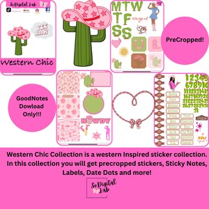 Op de afbeelding: Een roze en groene digitale stickercollectie met een western thema. De collectie bevat een cactus met een roze cowboyhoed, een hartvormig lasso, een cowgirl en een verscheidenheid aan andere stickers. De tekst "Western Chic Collection" en "PreCropped!" is zichtbaar in de afbeelding.