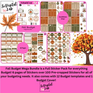 May include: A digital Fall Budget Mega Bundle with stickers, templates, and a budget cover. The bundle includes 19 pages of financial planning tools, with a color palette of brown, green, and pink. The text on the image says "GoodNotes Only!"