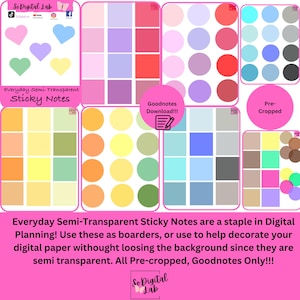 May include: A set of 120 semi-transparent sticky notes in various colors, including pink, blue, yellow, green, and orange. The notes are pre-cropped and compatible with Goodnotes. The image includes the text "Everyday Semi-Transparent Sticky Notes" and "Goodnotes Download!!!".
