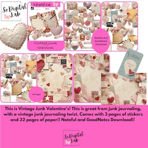 Puede incluir: Una descarga digital con temática vintage de San Valentín, que presenta diseños de papel de álbum de recortes, pegatinas y elementos decorativos. La imagen muestra colores rosa, rojo y crema. El texto incluye "Vintage Junk Valentines" y "36 Pages".