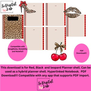 May include: A digital planner shell with a leopard print design. The planner is divided into four sections, labeled January, June, April, and August. The planner also features a red high heel shoe, a red bow, and a red lip with a leopard print design. The text "PDF Download!!!" is also included in the image.