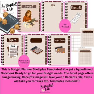Pode incluir: Planejador de orçamento digital com abas para orçamento, impostos, recibos e cartões de crédito. Inclui um caderno com encadernação em espiral, uma mulher usando um laptop e uma calculadora. O texto diz "Budget Planner Shell & Templates!!!"