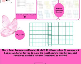 Color Transparent Monthly Grids 2! Goodnotes or Noteful!! 18 different colors!!!