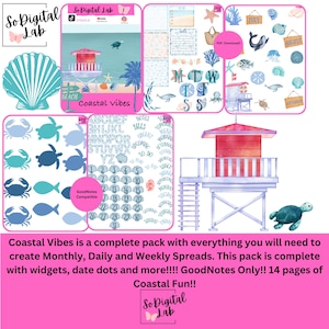 May include: Digital planner stickers with a coastal theme. The image features a lifeguard stand, seashells, crabs, fish, and other beach-related graphics. The text "Coastal Vibes" and "Coastal Fun" are included.