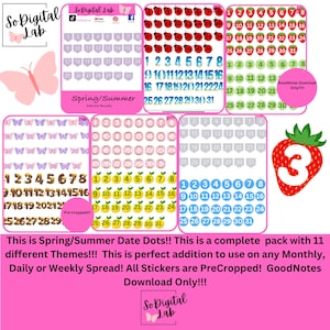 May include: A set of 11 digital planner stickers featuring various themes, including butterflies, strawberries, and lemons. The stickers are pre-cropped and designed for use in GoodNotes. The text "Spring/Summer Date Dots" is included in the image.