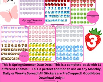 Spring/ Summer Date Dot Collection. 11 Themes of Date Dots to be used on any spread! Pre-Cropped! GoodNotes Only!!