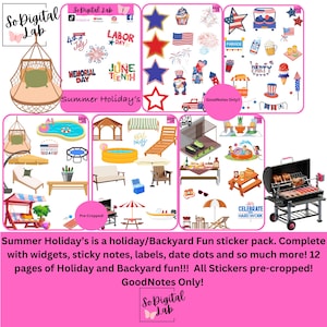 May include: A digital sticker pack with a summer holiday theme. Includes illustrations of a hammock, pool, picnic table, and barbecue grill. Also features patriotic elements like flags and stars, plus text like "4th of July" and "Labor Day".