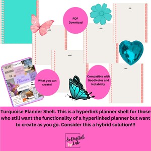 May include: A turquoise planner shell with a butterfly design. The planner is compatible with GoodNotes and Notability. The text "What you can create!" is written on a pink circle. The planner is a PDF download.