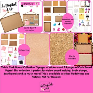 May include: A digital collection of cork board elements, stickers, and paper. The image features various cork boards, push pins, and decorative elements, with text that reads "Cork Board Collection" and "Not for Resale!!!".