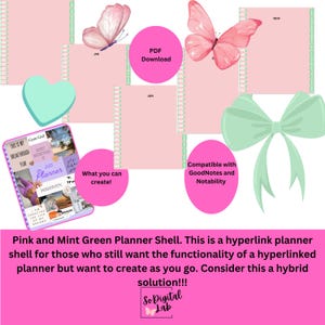 May include: Pink and mint green digital planner shell with butterflies and a bow. The planner is compatible with GoodNotes and Notability. The text "What you can create!" is on the page. The text "PDF Download" is on the page. The text "Gym Girl" is on the page. The text "2023 Planner" is on the page. The text "This is my breakthrough year" is on the page. The text "Positively" is on the page. The text "I am creating the life of my dreams" is on the page.
