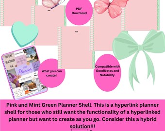 Pink and Mint Planner Shell. Hyperlink notebook. Hybrid Model Planning, PDF Download compatible with GoodNotes and Notability.