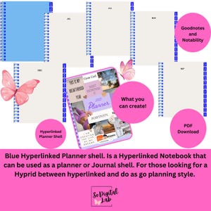 May include: A pink and white digital planner with the text "This is my breakthrough year" and "Gym Girl" on the cover. The planner is a hyperlinked notebook that can be used as a planner or journal. The image also shows a blue hyperlinked planner shell, a white hyperlinked planner shell, and a white hyperlinked planner shell with the text "Goodnotes and Notability" on the cover.