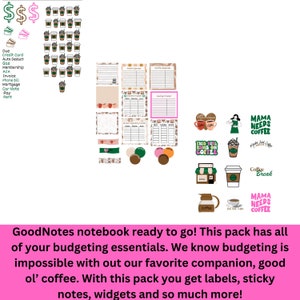 May include: A GoodNotes notebook budgeting planner with a coffee theme. The planner includes stickers, labels, and widgets. The text on the image reads "This girl runs on coffee" and "Mama needs coffee".