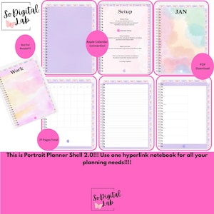 May include: A digital portrait planner shell 2.0 featuring spiral-bound pages with pastel watercolor covers, tabbed dividers, a monthly calendar grid, lined note pages, and a daily schedule layout. The interface includes text for setup instructions.