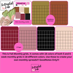 May include: Digital Fall Monthly Grids in various colors, including olive green, brown, and black. The image features a grid layout with the text "GoodNotes Download" and "37 Pages." The product is from So Digital Lab.