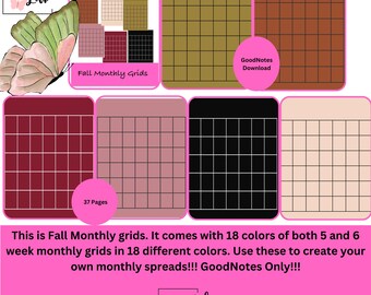 Fall Monthly Grids! GoodNotes Only!! 18 different colors in 5 and 6 week style.