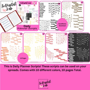 May include: Digital planner scripts in various colors and styles, including daily, weekly, and monthly layouts. The image shows multiple digital planner script designs with the text "Daily Planner Scripts" and "10 Pages".