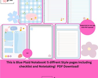 Blue Plaid Notebook! PDF Download! 5 Diffrent style pages including note taking and checklist style!